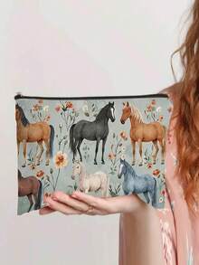 Bolsa de maquillaje con estilo ecuestre - Regalo perfecto para amantes de los caballos, diseño de caballos y flores, de poliéster, ideal para viajes y aventuras al aire libre, para chicas que aman los caballos, herradura, negocios, fitness. Bolsa de maquillaje, neceser, bolsa de aseo, bolsa de viaje, artículos esenciales para cruceros y vacaciones para hombres y mujeres - Multicolor - Ver 2