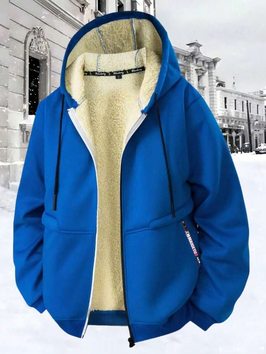 男士连帽羊羔绒卫衣,加厚保暖,运动休闲户外服,男士圣诞礼物,冬季 - 寶藍色 - 查看 1