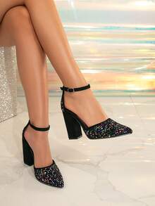 女士高跟鞋，优雅舒适时尚尖头镂空黑色派对高跟鞋，彩色水钻布艺套脚绑带高跟凉鞋，粗跟鞋 - 黑色 - 查看 3