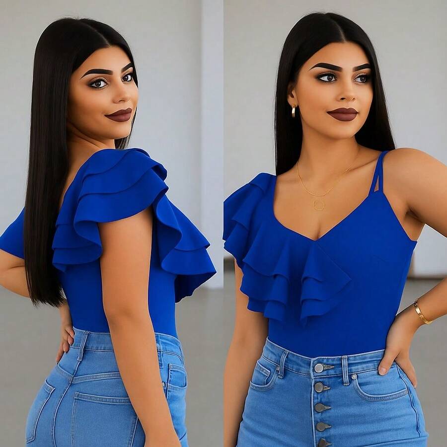 Bodysuit de olanes en el hombro, ajustado, elegante, sexy y asimétrico - Azul - Ver 1