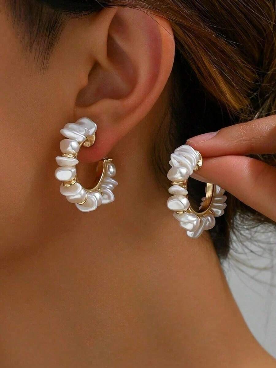 2pcs Bohemian Handmade Woven Baroque Pearl Embellishment C-Shape Stud Earrings For Women, Suitable For Dresses, Camisoles, Beach, Party, Formal Occasions - 銀色 - 查看 1