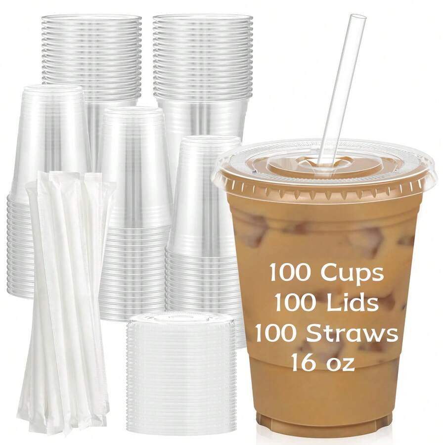 100PCS Disposable Plastic Cups, 16OZ/480ML, With Straws And Lids, Transparent Coffee Cups, Suitable For Parties, Gatherings, Weddings, Birthdays, Commercial Use Cups - 100 CÁI - Xem 1
