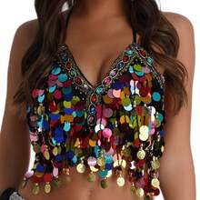 Top de Dança do Ventre, Top Cropped Tubular com Lantejoulas e Glitter com Pingente de Moeda para Mulheres, Sutiã de Dança do Ventre, Acessórios de Fantasia Cinto de Quadril Brilhante para Show de Palco