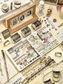 5 Rolls/Box Vintage Plant And Flower Patterned Washi Tape, Various Exquisite Pattern Design Masking Tapes, Used For Art Supplies, Diary DIY Handbook Decoration