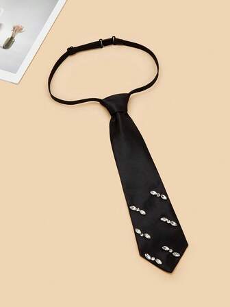 1pc Simple Black Tie With Rhinestones, Casual Everyday Wear