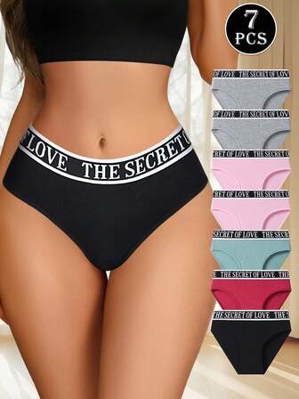 Set de 7 piezas/paquete de bragas de algodón con cintura elástica con letras para mujeres, pantis tipo hipster elásticos, ropa interior deportiva y de moda