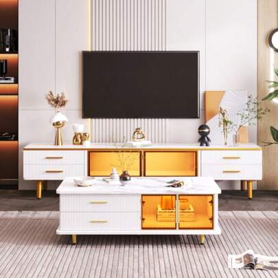 Marble-Look TV Stand, TV Cabinet With 4 Legs, 4 Textured Drawers With Gold Handles And Two Brown Tempered Glass Doors, Modern Low TV Cabinet For Living Room, 170*37*47.5 Cm.