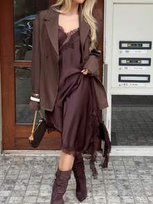 New Elegant Lace Patchwork Spaghetti Strap Dress, Suitable For Evening Date, Holiday, Party, All Seasons Summer - Coffee Brown - View 5