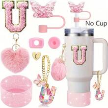 8 Stück Zubehör für 40oz & 30oz Becher, inklusive Strohhalm-Deckel, auslaufsicherer Silikonverschluss, Silikonmanschette, Buchstabenanhänger-Kette, Aufkleber, Herz-Haken, Herz-Pompon-Haarball-Anhänger, für Camping, ideales Valentinstags-Geschenk, Muttertags-Geschenk (ohne Becher)