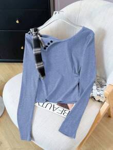 不对称蝴蝶结露肩针织衫，修身长袖女式上衣 - 藍色 - 查看 3