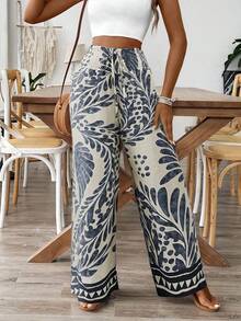 女士休闲宽松腰身植物印花阔腿裤 春季 - 藏蓝色 - 查看 1