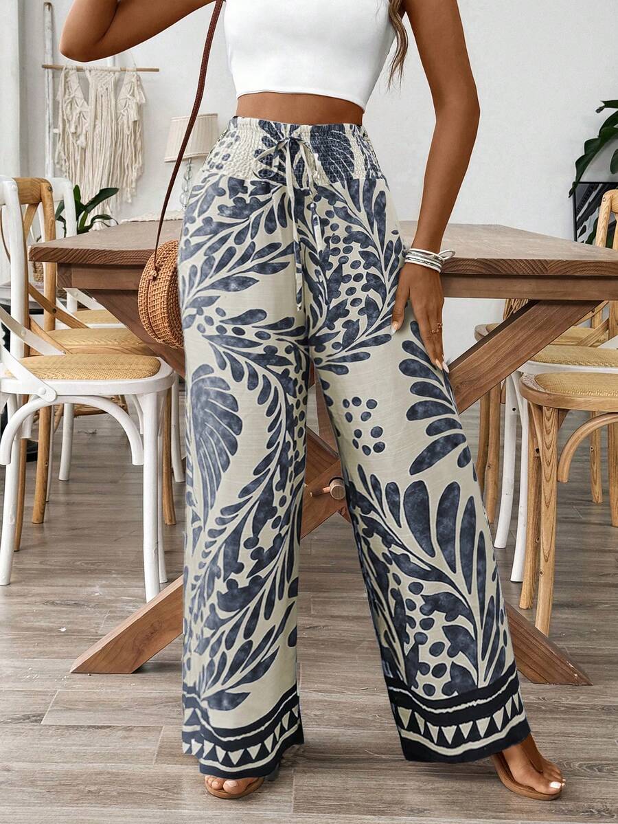 女士休闲宽松腰身植物印花阔腿裤 春季 - 藏蓝色 - 查看 1