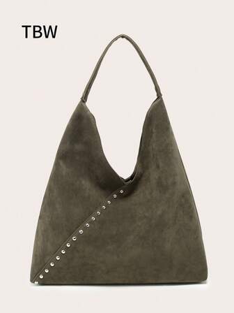 1pc Women's Shoulder Tote Bag & Handbag, Military Green Suede Leather, Rivet Embellished, Vintage Versatile Commuter Style, Suitable For Autumn/Winter Outings
