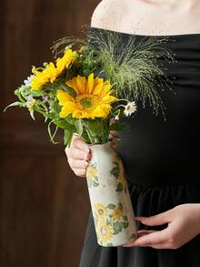 1 pièce Mini vase en céramique fait main vintage tournesol, porte-fleurs floral doré à glaçure craquelée, décoration de maison bohème rustique de style ferme pour salon, chambre, balcon, table, fleurs fraîches/sèches, cadeau pour les fêtes & l'Aïd - Jaune citron - Voir 10