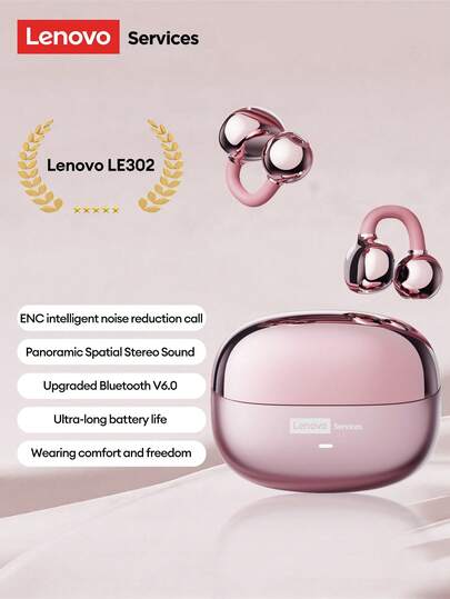 Lenovo Auriculares Bluetooth Lenovo LE302 nuevos, de clip y oído abierto con sonido envolvente estéreo, audio de alta calidad, baja latencia, música y juegos, audio direccional, cancelación de ruido ENC, llamadas claras, auriculares inalámbricos compatibles con teléfonos inteligentes y computadoras