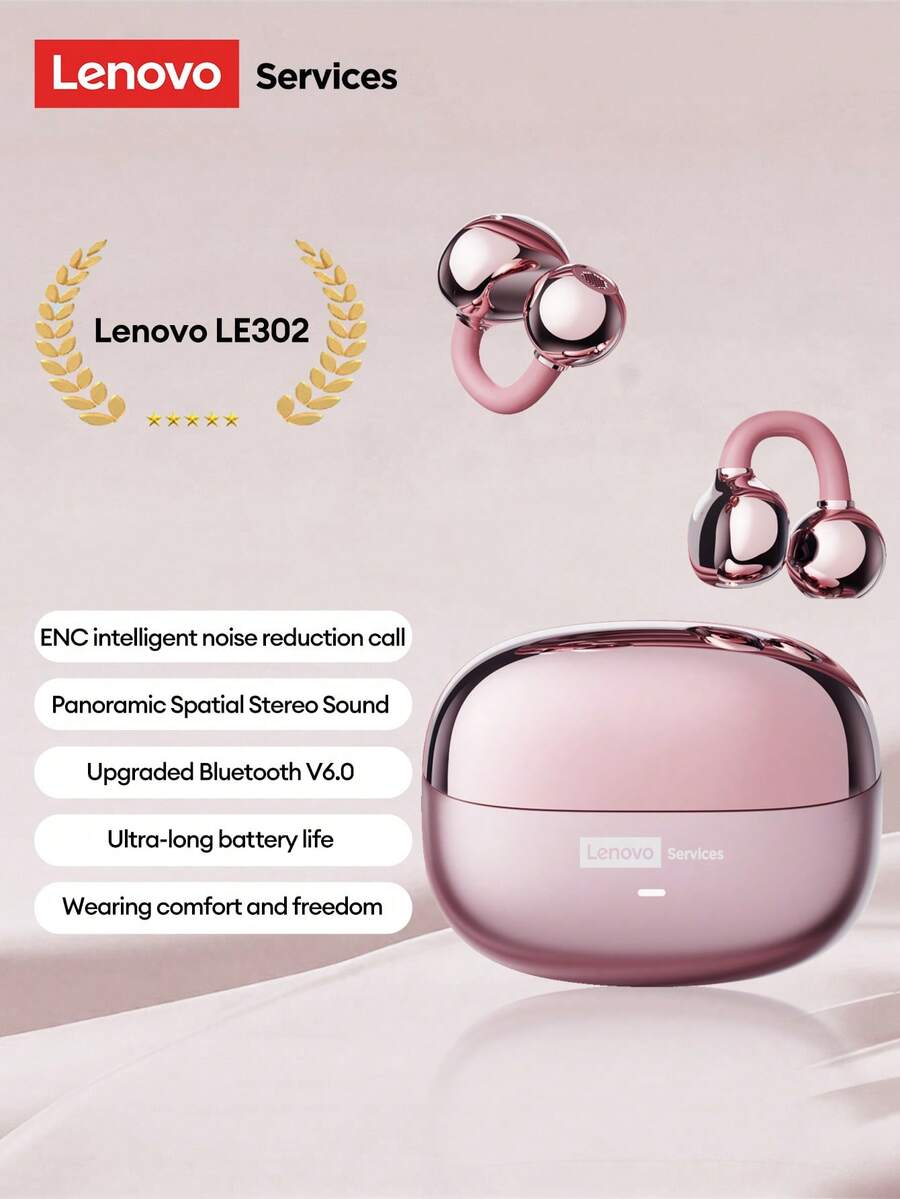 Lenovo 联想 LE302 新款蓝牙耳机，夹式开放式环绕立体声，高品质音频，低延迟，音乐和游戏，定向音频，ENC 降噪，清晰通话，无线耳机兼容智能手机和电脑 - 粉色 - 查看 1