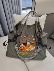 1pc New Fashion Embroidered Cute Cat Pattern Lightweight Nylon Large Capacity Tote Bag, Suitable For Party, Travel, Shopping And Beach, Shoulder & Crossbody