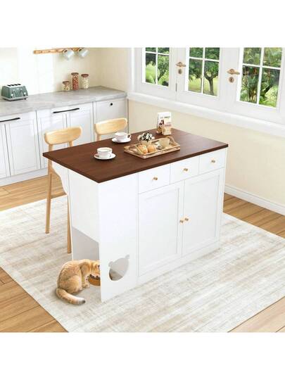 Kitchen Isl Trolley Sideboard Drawers Extendable Worktop, Spice Rack, Pet Feeding Area out Cat Bowl), Wit Walnut, 120*(40+30)*90 Cm view 5