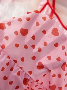 1pc Women's Valentine's Day Nightgown With Heart Print, Lace Trim, Bow Detail And Satin Splice - Synthetic Knit Shirt, Easy Care - Pink - View 4