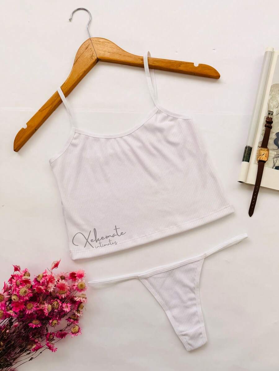 Lingerie Set: Thong Without Padding, Ribbed Suede Fabric, Comfortable, Butt-Lifting, Women's Fashion - 白色 - 查看 1