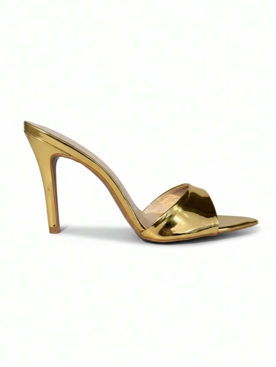 Sandália feminina tamanco feminino salto fino bico fino  Casual    Brilhante    Primavera Verão - Dourado - Visão 1