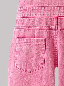 Girls' Denim Bib Pants, 2025 New Fashion Design Sense, Pink Embroidered Star Patch, Washed Straight Leg Jumpsuit - Pink - View 8