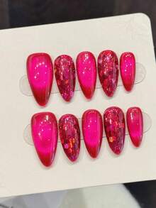 10PCS Almond Handemade Press On Nails For Party And Daily Wear ,Pink And White,White Nails,Almond Nails,Rose Ruby Cat's Eye Simple Solid Color,Easy To Wear10pcs Y2K Handmade Press On Nails,Clean And Gentle Wind Nails ,Clean And Gentle Wind Style,Suitable For Girls And Women Festivals Parties And Daily Wear Nail Supplies - Hot Pink - View 5