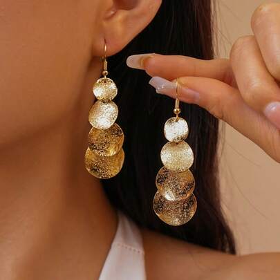 1 par de pendientes de lujo vintage - Diseño irregular de círculo geométrico con borlas, tono dorado con acabado metálico y mate, pendientes colgantes ligeros para fiestas, banquetes y uso durante todo el año