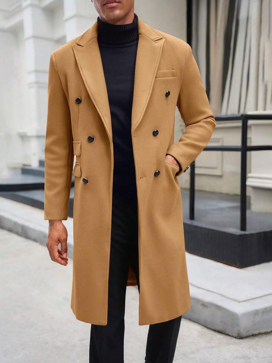 Runcati Men's Winter Double Breasted Trench Coat Mid Long Notched Lapel Casual Business Peacoat Overcoat - 卡其色 - 查看 1
