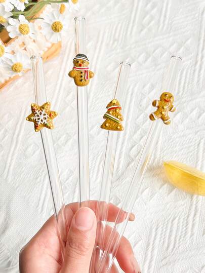 1 件/1 套卡通可重复使用饰物圣诞主题玻璃吸管、姜饼人、雪人、雪花、圣诞树玻璃吸管、彩色可爱卡通设计形状弯曲饮用吸管，适用于圣诞装饰、厨房、圣诞礼物、水杯、冷饮、果汁、鸡尾酒、咖啡、学校用品、耐用、圣诞派对装饰