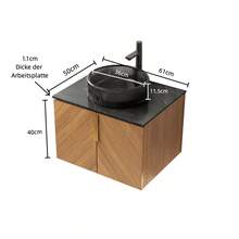 ARAI 76cm Wall Mounted Bathroom Washbasin With White Ceramic Round Basin With Stone Pattern, Black Sintered Stone Countertop, 2 Door Solid Wood Cabinet, Espresso Wood Grain Color - 黑色 + 濃縮咖啡色 + 陶瓷 + 燒結石 + 合板 - 查看 5