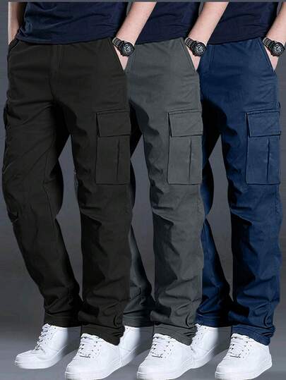 3 Pcs/Set Men Multi-Pocket Solid Color Cargo Pants, Casual Loose Fit Beach Shorts For Summer Holidays, Daily Commute, Sports, Outdoor, Fitness, Jogging, Versatile Straight Leg Trousers, Fall
