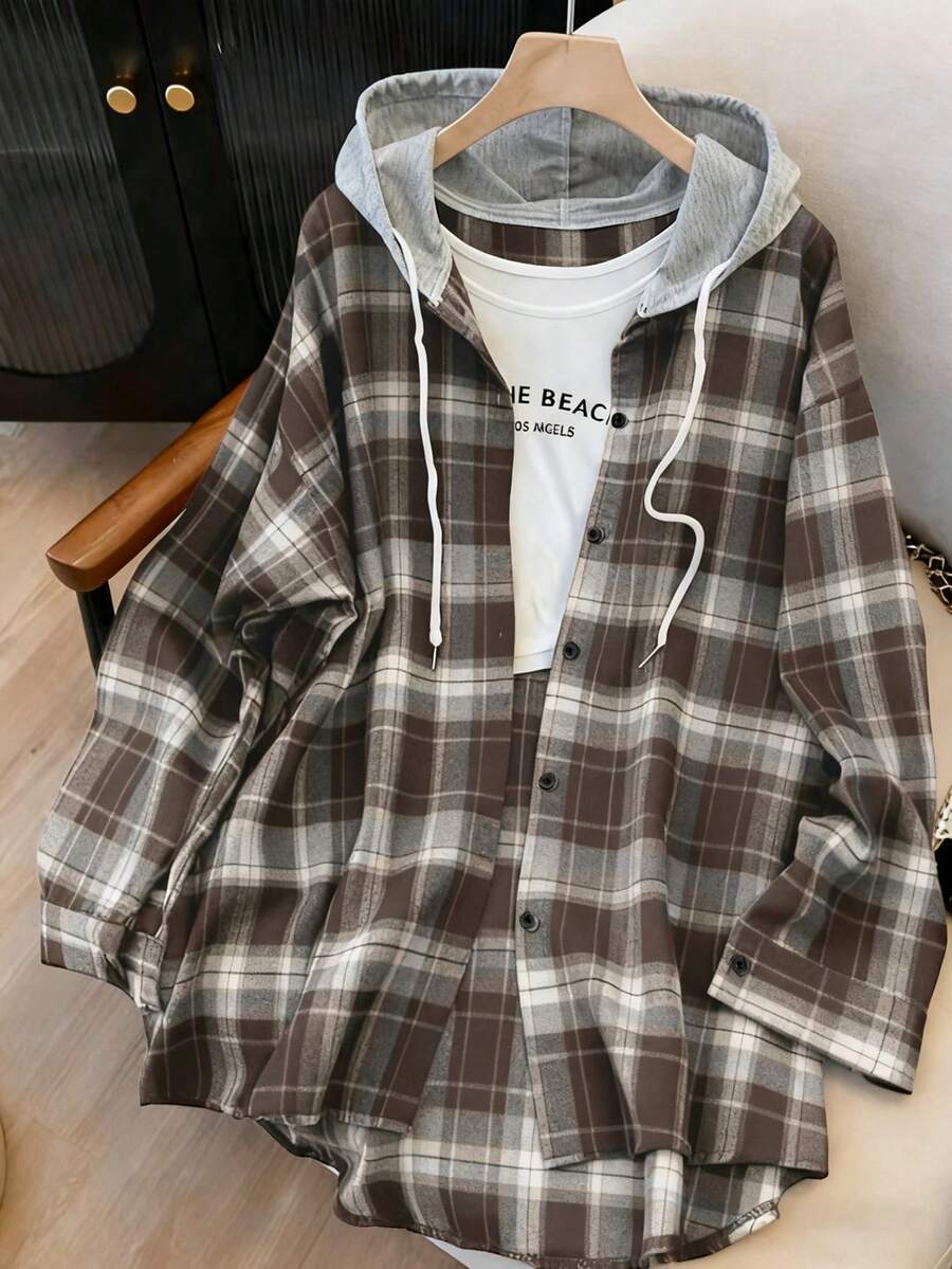 Plus Size Women Plaid Patchwork Drawstring Front Button Hooded Long Sleeve Shirt - Brown - View 1