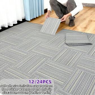 12/24pcs Luxury Carpet-Like Textured Self-Adhesive Non-Slip Floor Stickers, Durable Vinyl Resin Matte Wallpaper, Waterproof Oil-Proof Kitchen Stickers, Bedroom Wall Decor, Countertop & Furniture Renovation, Suitable For Living Room, Bathroom, Dorm, Home Decor, 11.8in*11.8in
