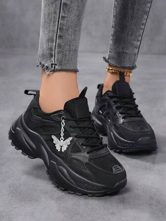 时尚厚底女式运动鞋，撞色圆头皮革系带运动鞋，轻便透气运动鞋，防滑耐穿户外网球鞋，厚底鞋，白色运动鞋，舒适休闲女鞋