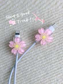 2pcs 3d Flower Design Cable Protector For 20w Apple Charger Charger Protector - Pink - View 1