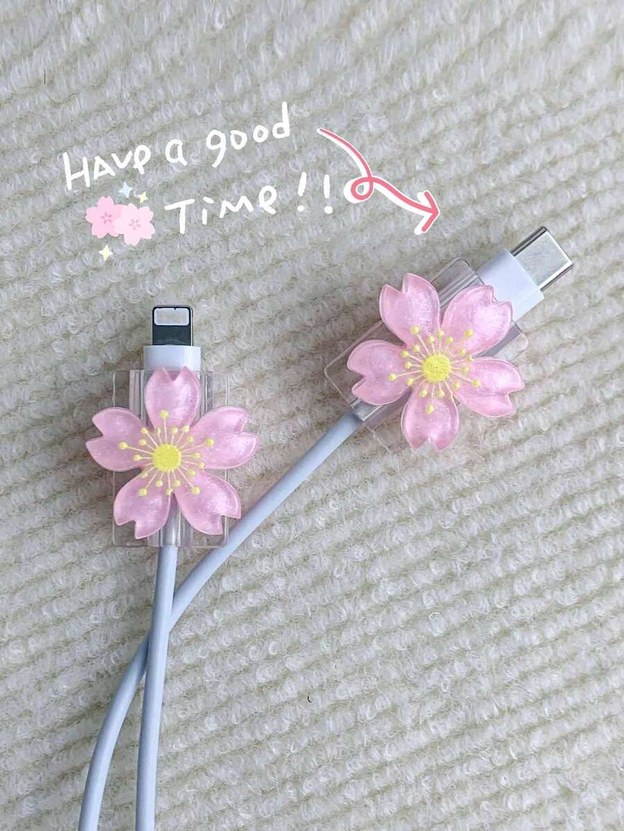 2pcs 3d Flower Design Cable Protector For 20w Apple Charger Charger Protector - Pink - View 1