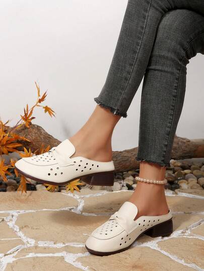 Women's Casual Hollow-Out Beach Sandals, Fashion Bow Decor Round Toe Slip-On Comfortable Thick Heel Mules, Spring/Summer