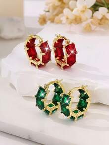 2pcs Gold Plated Red Green Pink Square Hoop Earrings Women Fashion Crystal Zirconia Earrings Daily Travel Party Birthday Jewelry Gift For Girlfriend Wife Couple