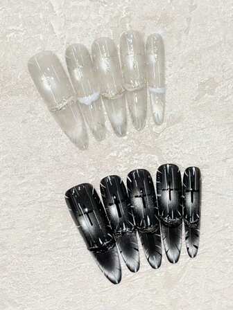 AB Style! Divine Light! 10pcs Set Thin Dog Ear Left & Right Hand Black & White Mixed Hand-Painted Line Art Matching French Smile Cat Eye Personalized Suitable For Gathering With Friends, Party, Daily Wear, Concert, High-End Reusable Nail Art Stickers With Jelly Gel, 1pc Mini Nail Buffer