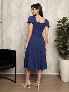 Women's Short Dress With Elasticated Puff Sleeves And Popcorn Detail - Navy Blue - View 2