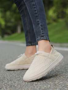 纯色运动工装风女式弹力带套脚运动鞋，宽松舒适，休闲百搭，适合短途出行、驾车、散步 - 卡其 - 查看 4