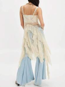 Women Y2K Maxi Lace Top Spaghetti Strap Mesh Lace See Through Flowy Long Camisole Sleeveless Floral Sheer Layering Tops For Party Club - Màu be - Xem 2