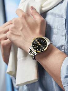 VA VA VOOM 1 Reloj de cuarzo para hombre de 41 mm, clásico y de lujo, con calendario, diamante, esfera en verde, azul, dorado, plateado y negro, caja de acero inoxidable, movimiento de cuarzo semanal, estilo de negocios elegante, reloj de pareja perfecto para hombres - Negro - Ver 8