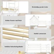 Bunk Bed, Children's Bed, Beautiful Windows And Roof, Side Safety Rails, Three-Step Straight Ladder, Sturdy Slatted Bed Bases, Pine + MDF + Plywood, White - White - View 6