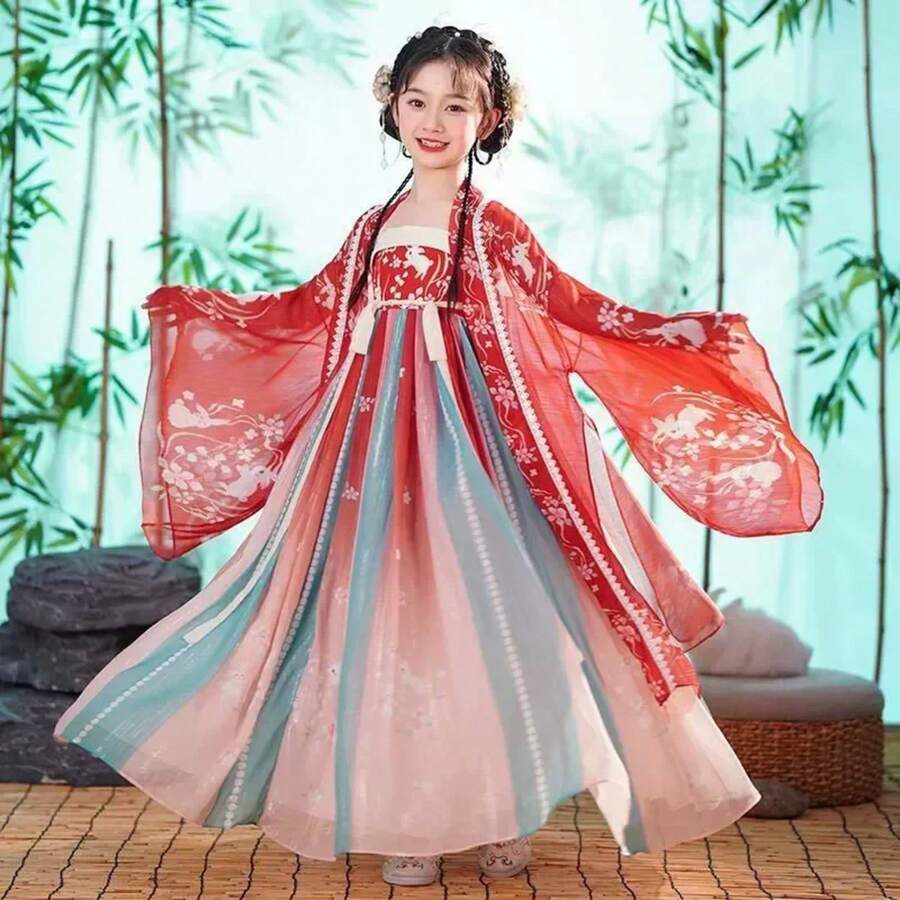 Summer Tang Girls Dresses Cosplay Perform Baby Hanfu Vestidos Party Long Chinese Dress Girl Costume Kids Clothes Children Outfit - 1-紅色兔毛外套 - 查看 1