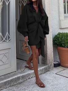 Đầm thanh lịch kiểu cung đình, cạp cao, buộc dây, cổ chữ V, xẻ tà, tay phồng, màu trơn dành cho nữ, thích hợp cho ngày Valentine, đám cưới, kỳ nghỉ, phong cách thành thị sang trọng, màu đen. - màu đen - Xem 2