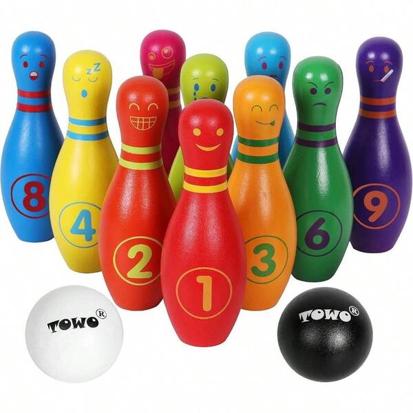 TOWO Wooden - Skittle Set With Emotions And Numbers - 10 Pin Bowling Set Indoor And Garden - Wooden 2 Years Old