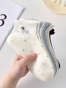 5pairs Women Polka Dot Sausage Dog Pattern Casual Ankle Socks Short Socks For Daily Decoration, Suitable For All Seasons, Shipped Randomly