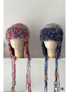 1 件马海毛面料小标志绒球针织护耳帽，适合女士，秋冬，厚实保暖的捕兽帽，可爱百搭